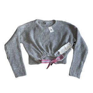 Crave Fame Grey Combo Knit Cropped Sweater W/ Pink Stripe Tie Medium
